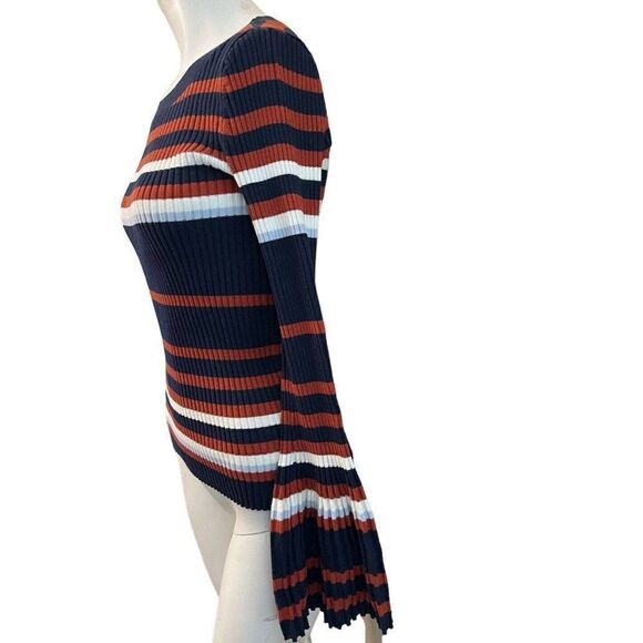 Bar Iii Womens Medium Flared Sleeve Pullover Sweater Blouse Navy Blue Rust NWT - Picture 2 of 6